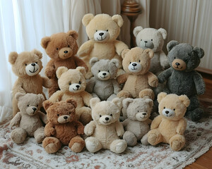 A collection of plush teddy bears in varying shades are arranged together on a decorated rug