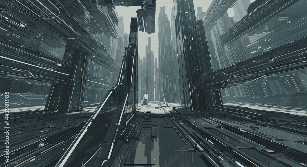 Poster a futuristic cityscape with tall buildings and a large empty space in the middle