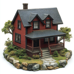 detailed model house with red exterior, surrounded by greenery and rocks, showcasing