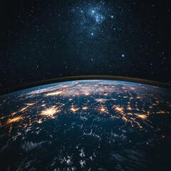 Obraz premium Earth from space showing city lights under starry sky offering a celestial view of urbanization and cosmic beauty with a dark background and high angle