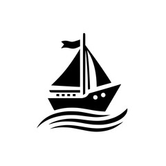 Simple Black Sailboat Icon on Waves - Minimalist Nautical Vector Graphic Illustration