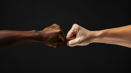 Two hands are shown in a fist, one of which is black and the other white. Concept of unity and strength, as the two hands come together in a powerful gesture