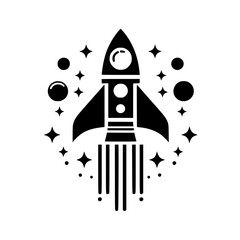 Abstract Rocket Launch Icon with Cosmic Elements, Simple Black and White Silhouette for Startup and Progress Concepts