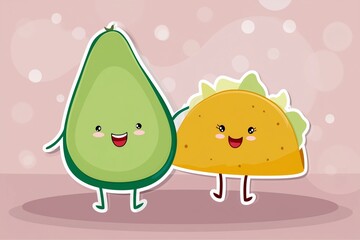 Cute cartoon avocado and taco characters smiling together, showcasing friendship and fun, with a playful design and soft pastel background, perfect for food-themed illustrations