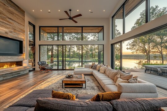 Fototapeta Modern Texas home with large windows, wood floors, dark purple furniture, and stunning view of Lake Jelason, featuring tall ceilings and natural light.