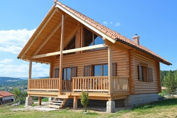 Idyllic Cabin Retreat A Serene Log Home Nestled Amidst Rolling Hills Under A Bright Blue Sky Peaceful Outdoor Haven