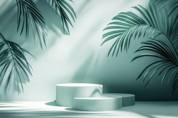 Fototapeta premium Muted teal display podium with tropical foliage.