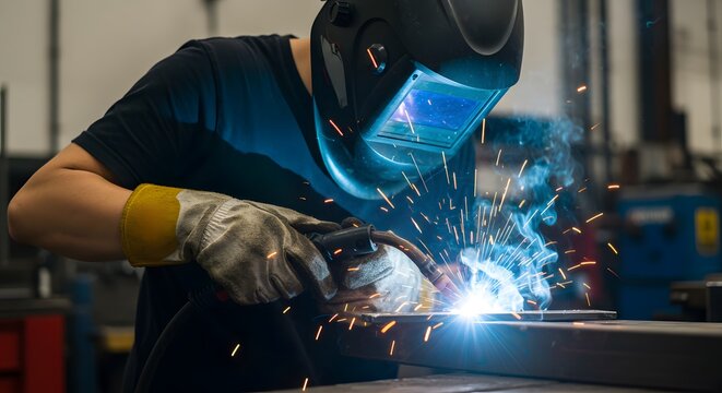 AI image provides a close-up view of a welder focusing intently, bright sparks illuminating their mask while working on metal indoors.