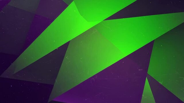 Abstract Geometric Green and Purple Background - An abstract background featuring overlapping triangles in shades of vibrant green and deep purple. The texture is slightly distressed