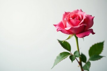 Fototapeta premium Single rose on white background with soft light, bloom, color, white