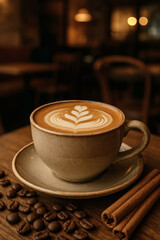 A cup of coffee latte art with coffee beans and cinnamon sticks on a wooden table in a cafe setting