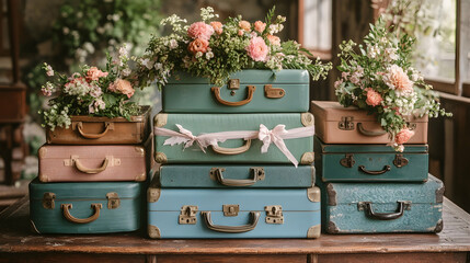 Stack of vintage suitcases adorned with pastel floral arrangements tied with a delicate lace ribbon