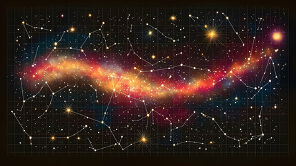 Star map with a galaxy background and constellation lines on top of a grid to resemble graphing paper