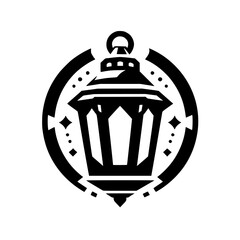 Stylized Geometric Black and White Lantern Icon with Ornamental Circle Frame