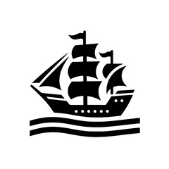 Minimalist Black Silhouette Sailing Ship on Waves - Nautical Icon Graphic