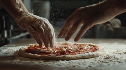 Chef preparing a Neapolitan pizza pie with fresh tomato sauce and mozzarella