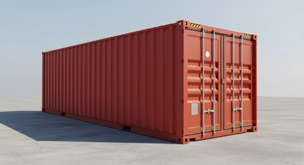 Ai image presenting a large red cargo shipping container with closed doors, sitting outdoors on a concrete surface under sunlight.