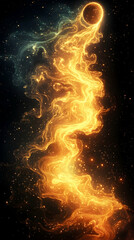 A fiery celestial body emitting a trail of luminous energy against a backdrop of stars and cosmic dust