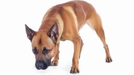 Obraz premium Malinois sniffing the ground, tracking pose on white, showcasing scent work abilities. Focused and determined expression. Belgian Malinois, tracking dog, scent work, isolated on white, focused 