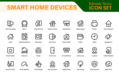 Smart Home Device Icon Pack. Modern Line Art, Outline Vector Set, Minimal, Digital, Professional, Easy to Use