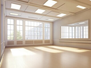 Fototapeta premium Serene dance studio illuminated by natural light showcasing spacious design with a mirrored wall and bright atmosphere