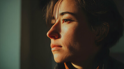 Golden hour reflection on the pensive face of a woman gazing beyond the frame to her future