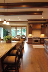 Fototapeta premium Interior of luxurious home with granite countertop and wooden floor showcasing style and comfort in kitchen