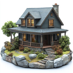 charming model house with stone foundation, surrounded by greenery and rocks, evokes warmth