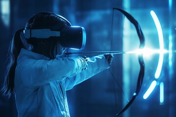Teenager playing a VR archery game shooting glowing virtual targets