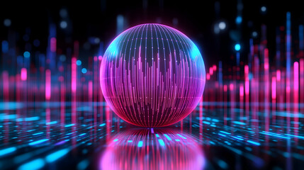 A neon sphere with vertical lines rests on a luminous grid in a dark futuristic setting