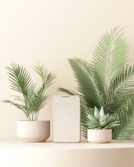 Obraz premium A serene minimalist scene featuring two lush plants in stylish pots alongside a blank phone, perfect for modern decor.