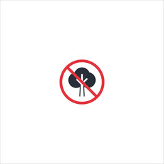 Flat vector icon of tree crossed out with prohibition symbol. Represents deforestation, non-eco areas, no vegetation zones or environmental warnings.