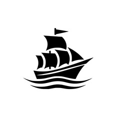 Minimalist Black Sailing Ship Icon - Classic Nautical Travel Vector Symbol on White Background