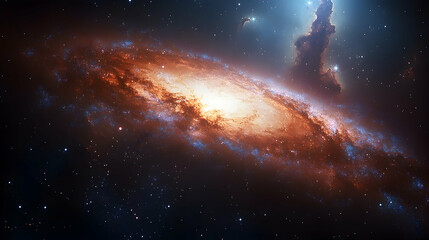 A galaxy shines its fiery heart glowing brightly amidst swirling cosmic dust and distant sparkling stars