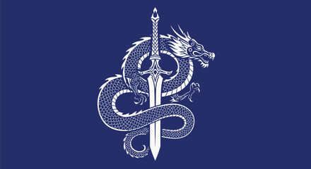 Coiling Dragon and Sword - Fantasy Vector Illustration