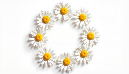 White daisies forming a circular pattern on white background  