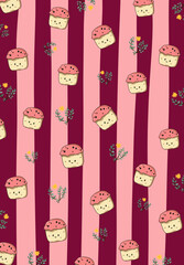 Displays a repeating pattern of cartoon cupcakes with pink frosting and small yellow flowers on a background of alternating pink and maroon vertical stripes.