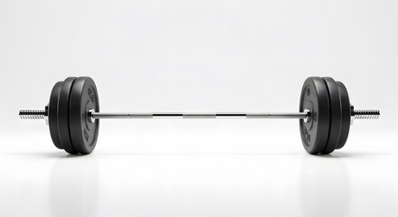 AI image features a metal barbell loaded with black weight plates, isolated against a plain white background with subtle reflection below.