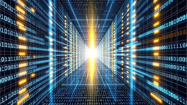 Digital tunnel with binary code streams, symbolizing data flow and technology