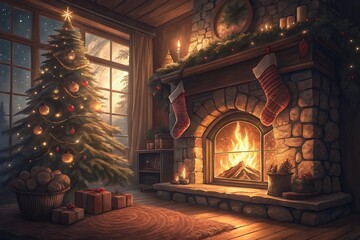 Cozy Christmas Fireplace Scene Festive Holiday Background