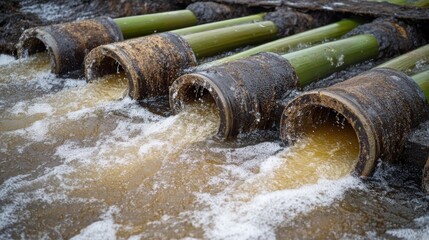 Bamboo pipes discharging wastewater into stream