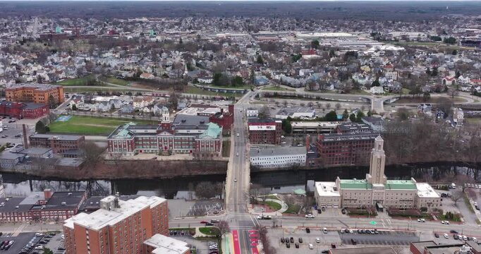 Pawtucket RI, USA - April 5, 2025:  Aerial video of downtown Pawtucket and the surrounding area.
