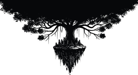Upside-Down Tree, Floating Island, Surreal Vector Art