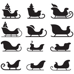 set of black vector Santa Claus sleigh icons. Christmas sleigh silhouette collection. Sledge of santa claus shapes. Black vector various sleigh silhouettes