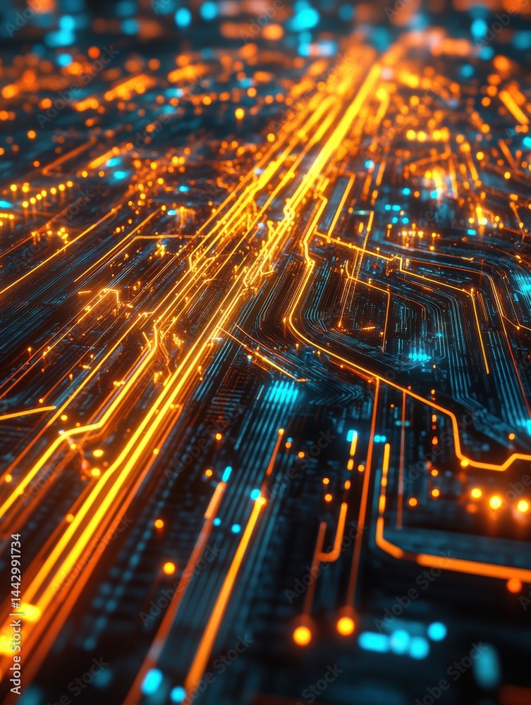 Poster abstract circuit board background depicting modern technology data flow and connection network conce