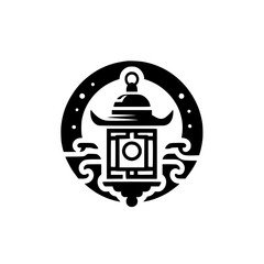 Stylized Black and White Asian Lantern Icon with Circle Frame and Wave Elements