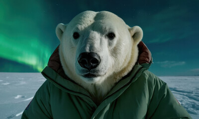 Obraz premium A polar bear wears a green jacket while standing in the snow
