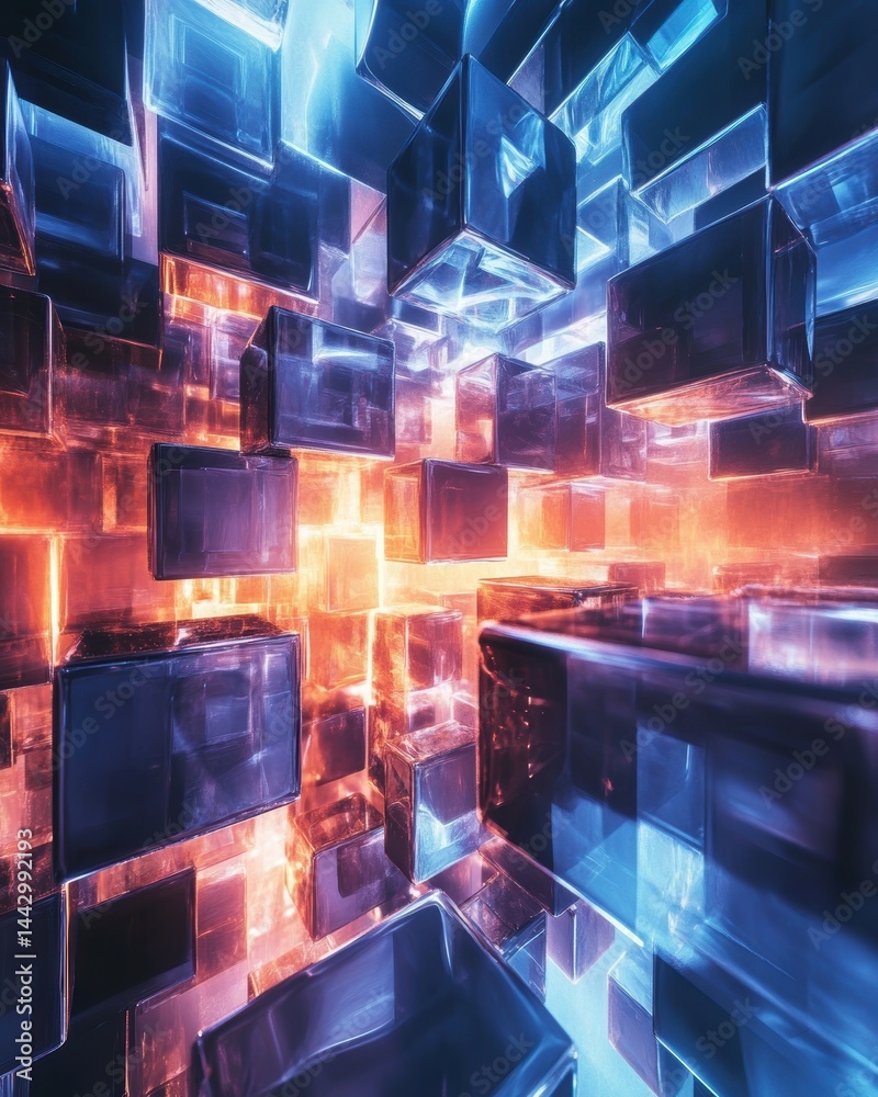 Poster enigmatic array of luminescent cubes abstract composition featuring captivating color contrast and r