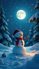 Obraz premium Snowman under the light of a full moon in a quiet snowy forest, quiet,