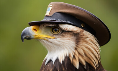 Close-up shot of a bird of prey wearing a hat, perfect for whimsical or humorous illustrations